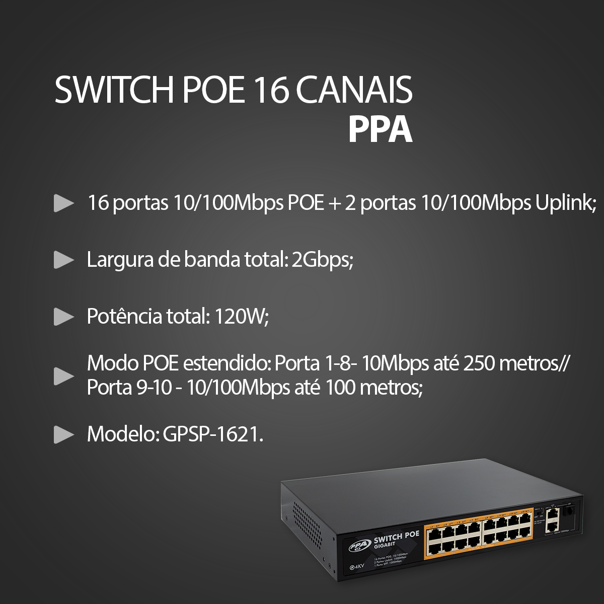 Switch Poe de 16 Portas 120W PPA - Imagem 2
