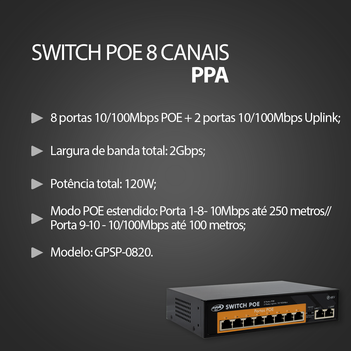 Switch Poe de 8 Portas 120W PPA - Imagem 2